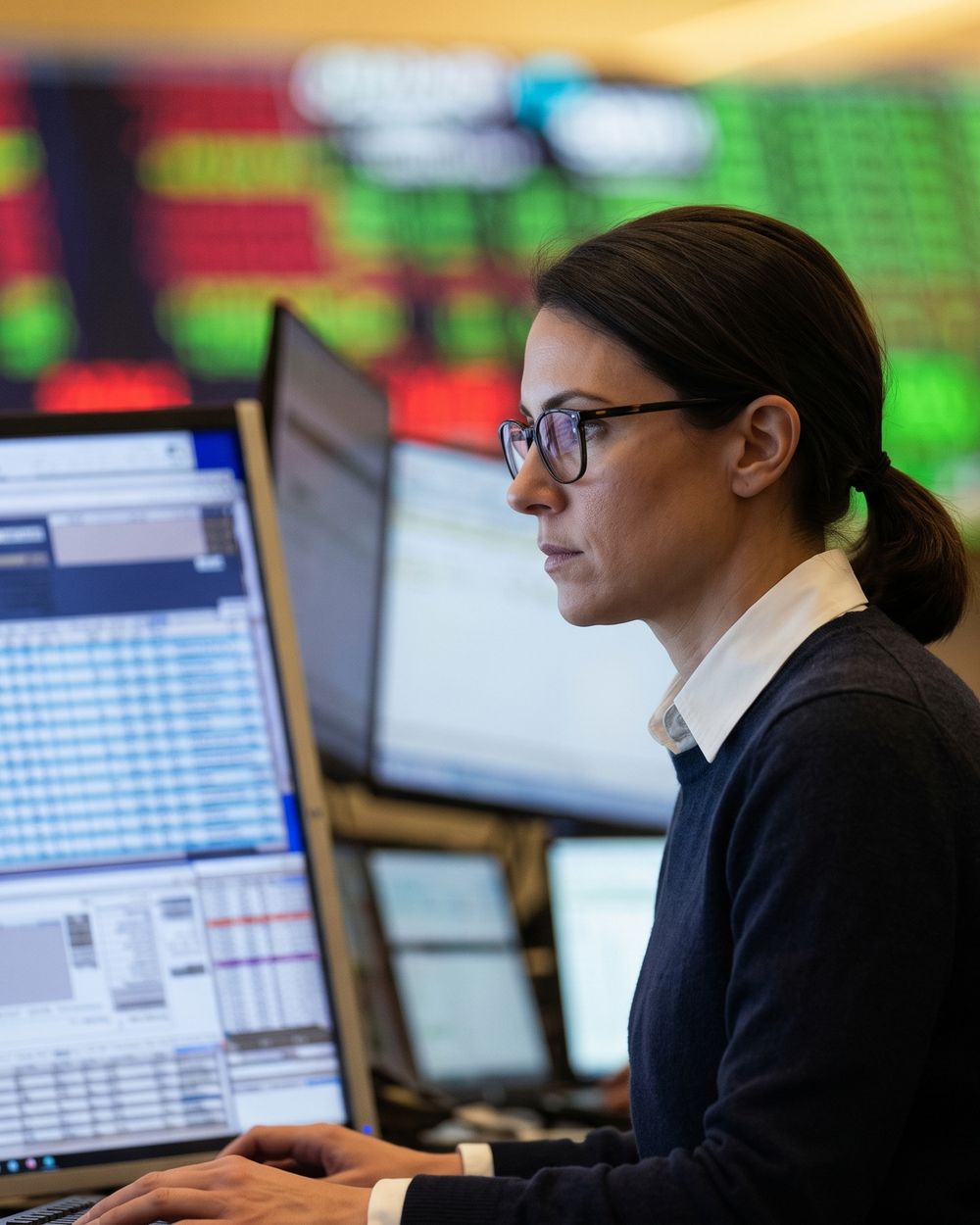 A trader at a desk of market screens, with a price board behind